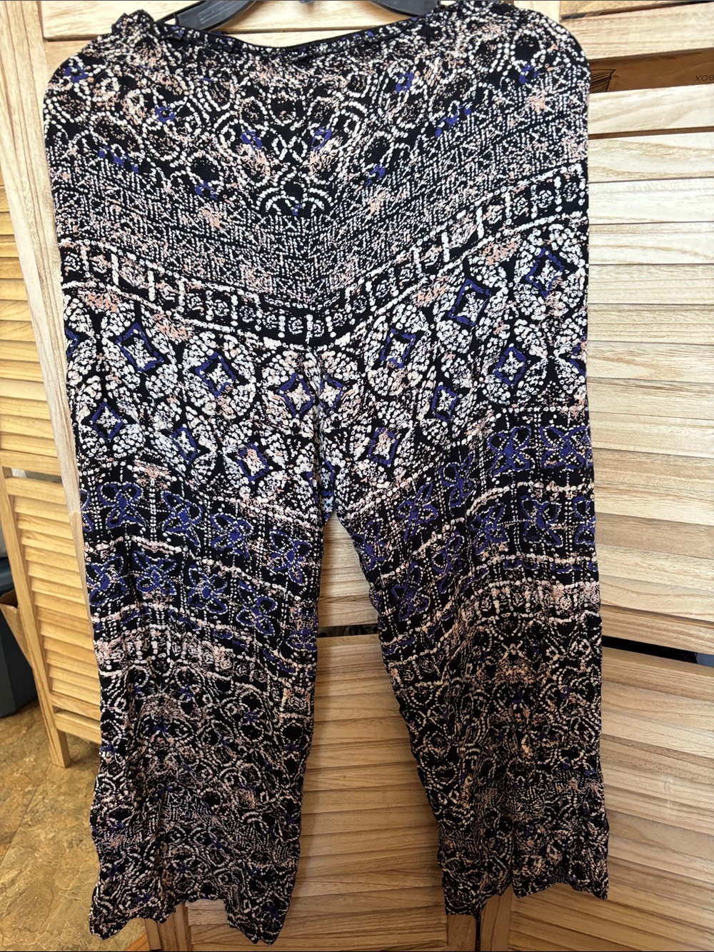 Angie Black Printed Wide-Leg Pants with Blue & Cream Accents Boho Style Small